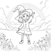 Ausmalbild Hexe Spinnenbein unter Regenbogen
